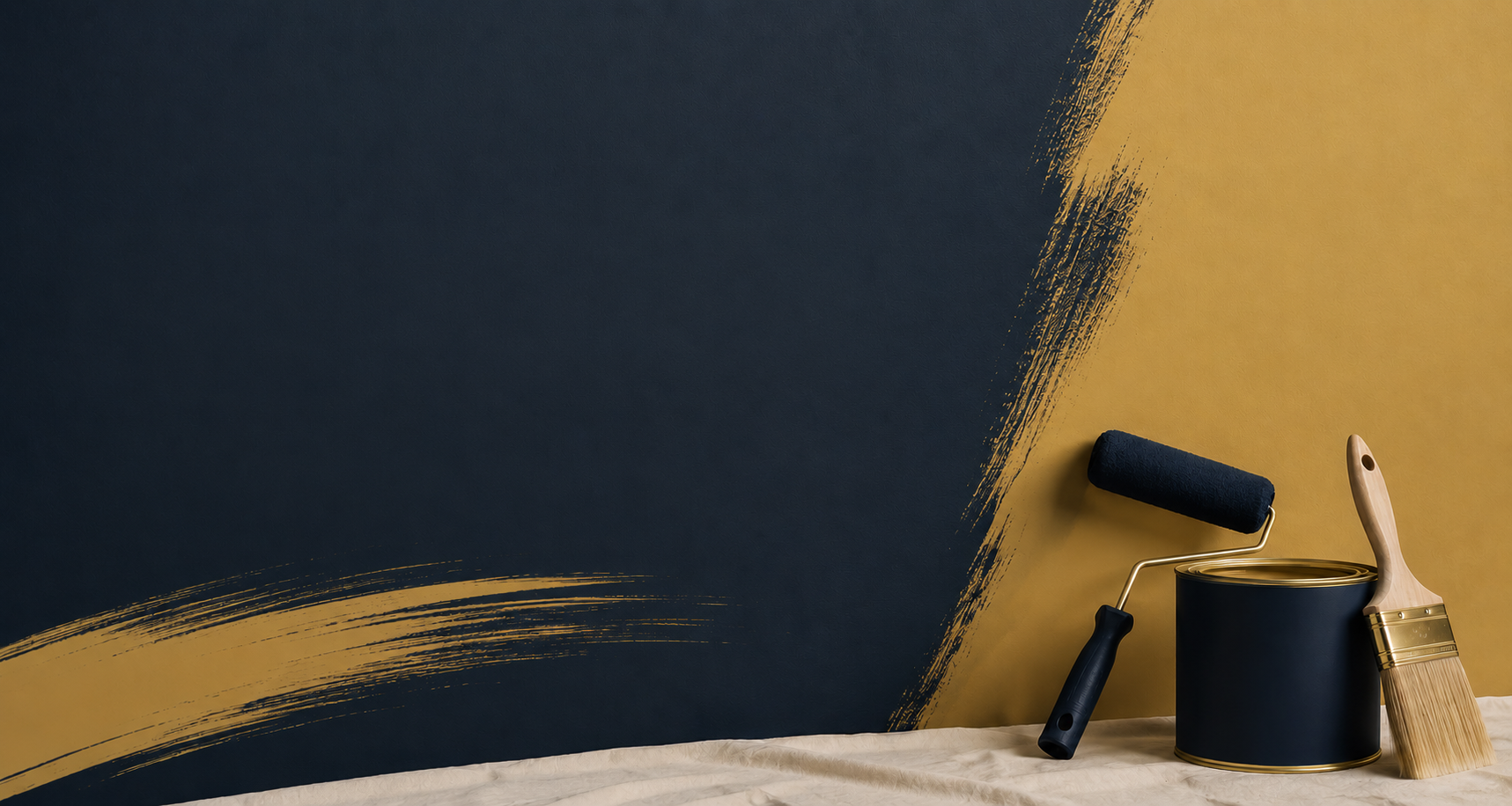 Verfroller, kwast en verfblik in blauw en goud